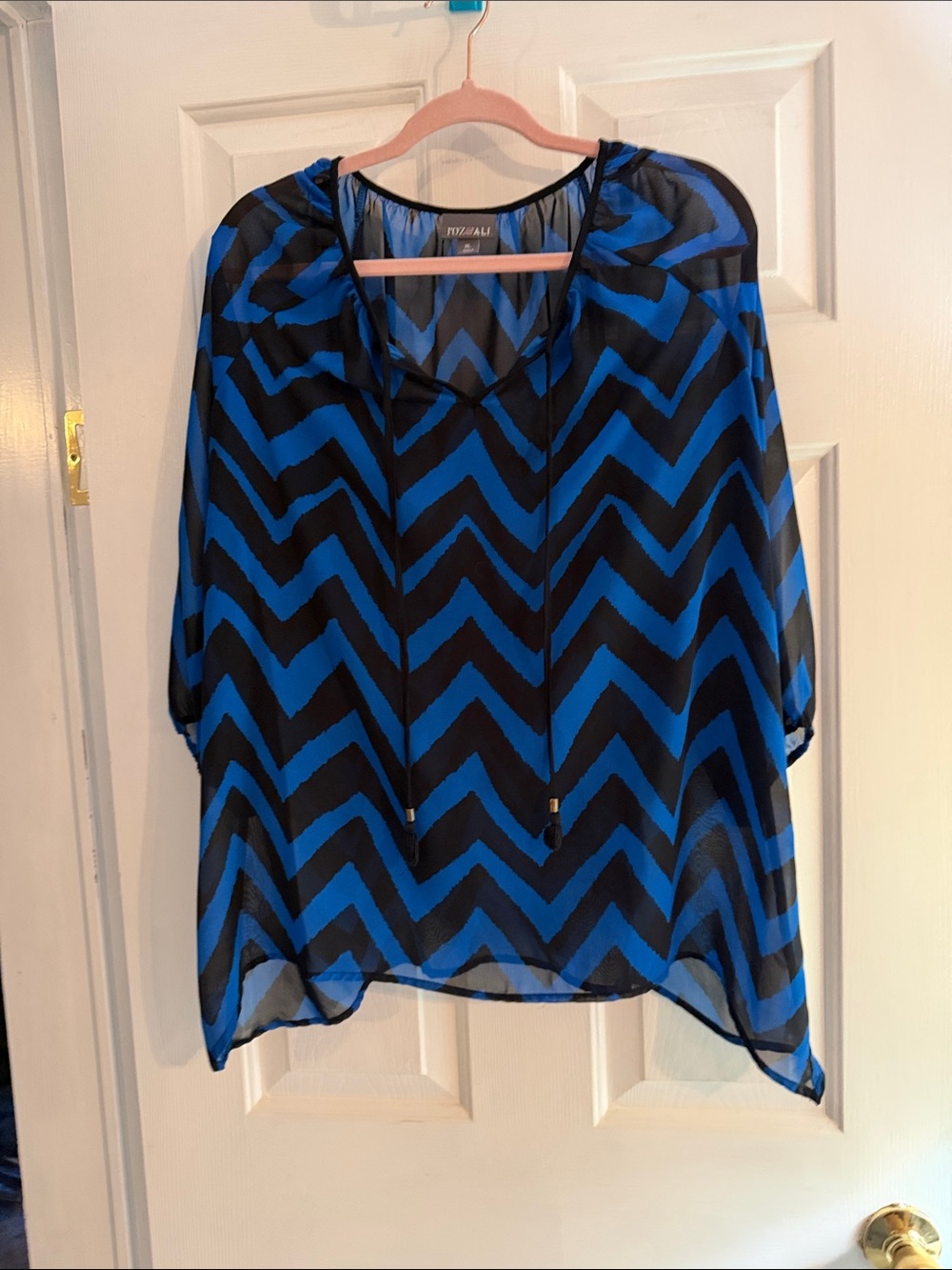 Roz & Ali Blue and Black Chevron Sheer V-Neck Tunic